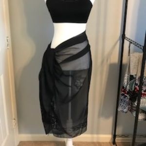 Sheer Black/Charcoal Sarong with Flower and Tassel Details 45" x 70"